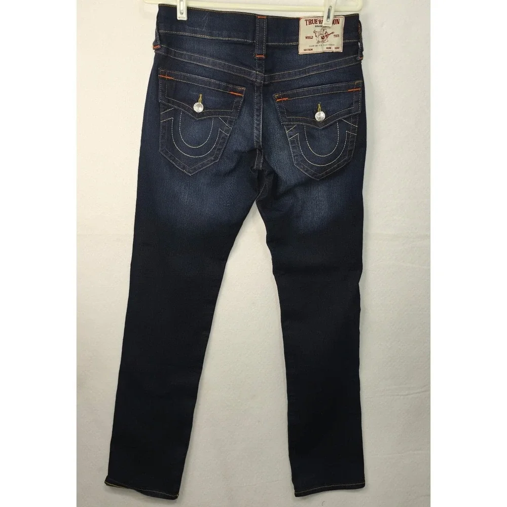 True Religion Ricky Relaxed Straight Jeans Dark Wash Flap Pocket Mens 29x33